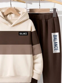青少年男孩休閒極簡長袖連帽舒適衛衣2件套，適合秋冬，經典復古配色拼接圖案印花，適合學校，適合返校季 - 彩色 - 查看 4