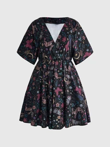 ROMWE Fairycore Vintage Mori Style Rabbit & Moon Print Plus Size Women's Short Sleeve Dress - Black - View 1