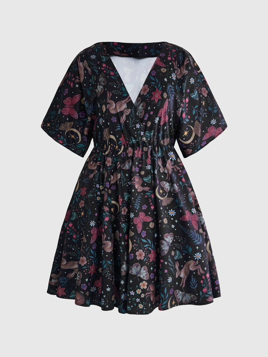 ROMWE Fairycore Vintage Mori Style Rabbit & Moon Print Plus Size Women's Short Sleeve Dress - Black - View 1