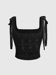 ROMWE Dark Gothic Court Style Church Window Pattern Flocked Sheer Fitted Tank Top Plus Size Camisole - Black - View 2