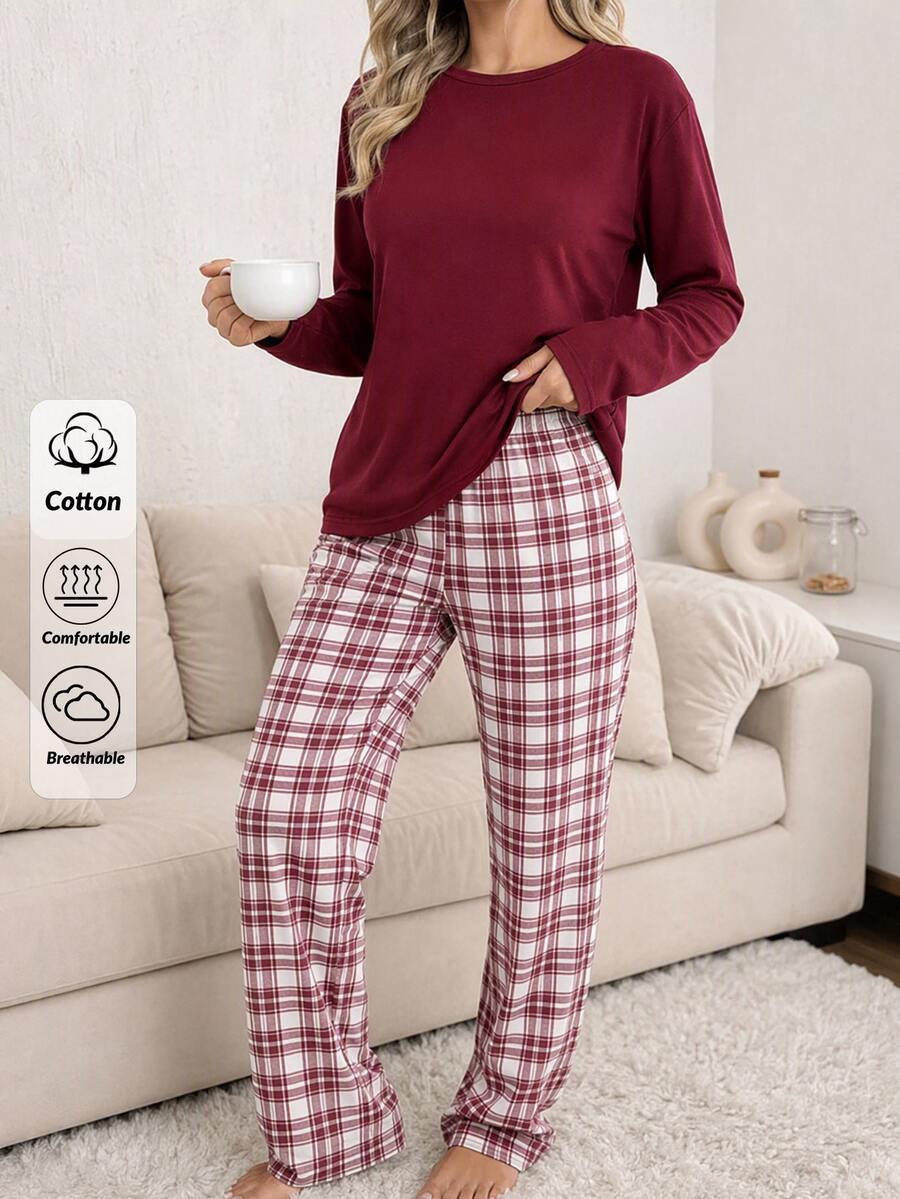 SHEIN طقم بيجامة نسائي مقاس كبير بتيشيرت نوم بلون عنابي وبنطال بيجامة بنقشة مربعات - عنابي اللون - مشاهدة 1