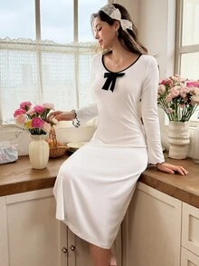 Snug Reverie Contrast Binding Bow Front Lounge Dress - White - View 4