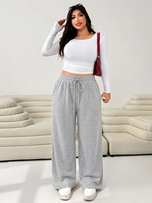 Solflare Plus Size Women's Drawstring Waist Pocket Loose Straight Leg Pants - Grey - View 5