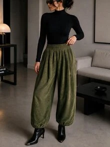 Easowa Women's Fall Winter Elastic High Waist Loose Long Pants Hiking Everyday Olive Green Casual - Army Green - View 6