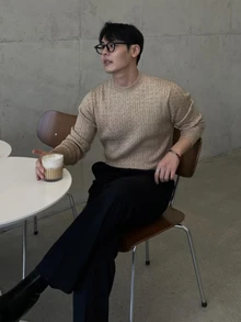 DAZY Autumn/Winter Khaki Cable Knit Fitted Crew Neck Ribbed Cuff & Hem Korean Style Men's Sweater - Khaki - View 7