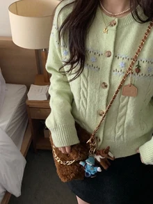 DAZY 女款撞色圓領長袖花卉設計針織開襟衫 - 綠色 - 查看 6