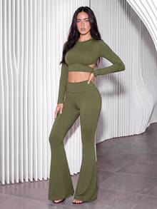 Slayform Slayform Women's Solid Color Long Sleeve Backless Top And Leggings Sports Set, Suitable For Running, Yoga - Army Green - View 4