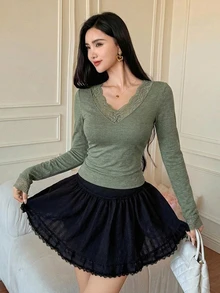 DAZY 春夏修身優雅蕾絲拼接情人節派對白色長袖女款T恤 - 綠色 - 查看 5