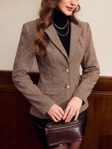 Vintamour Vintage Elegant Women's Autumn/Winter Wool Houndstooth Colorblock Patchwork Button Blazer Jacket, Casual Commute Vacation Holiday - Brown - View 7