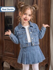 SHEIN 女童美式復古街頭 Y2K 純色水洗牛仔外套與裙子套裝，秋季甜酷 2 件套穿搭 - 中等水洗藍 - 查看 1