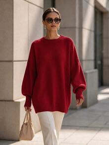 SHEIN Sweater Kasual Wanita Lengan Panjang Warna Polos, Kerah Bulat Longgar, Cocok untuk Beraktivitas di Luar Rumah - Merah - View 4