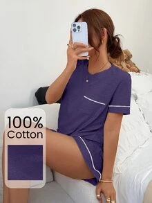 Napfluff 女款針織圓領短袖飾邊短褲睡衣套裝 - 紫色 - 查看 3