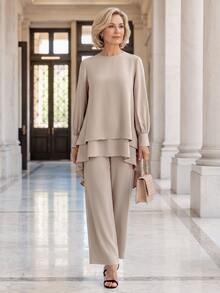 EMERY ROSE Middle-Aged Women's Solid Color Long Sleeve Top With Asymmetrical Hem And Long Pants, Comfortable And Minimalist, Suitable For Daily Wear And Outings - Apricot - View 5