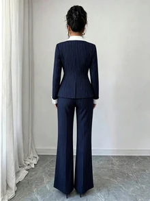 Elenzga Vertical Striped Print Double Breasted Blazer & Wide Leg Pants Suit Set - Navy Blue - View 2