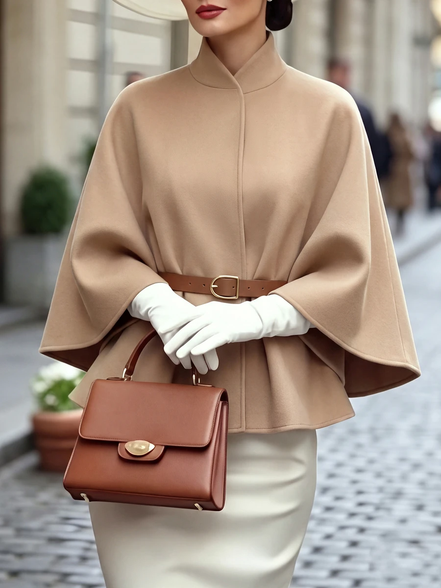 Balvessa Women's Solid Color Batwing Long Sleeve Casual Overcoat, Autumn/Winter - Khaki - View 1