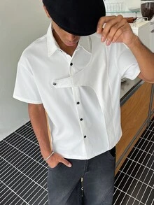 STEELVANCE 男士舒適斜紋布短袖襯衫，不對稱門襟設計，適合正式或休閒場合，休閒度假、用餐與聚會、簡約辦公、休閒居家穿著，百搭風格，適合自穿或送禮給朋友，熱銷舒適布料襯衫 - 白色 - 查看 5