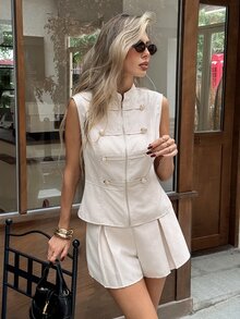 Serisse Women's Casual Button Decor Zipper Stand Collar Vest And Shorts 2 Pieces Set - Apricot - View 3