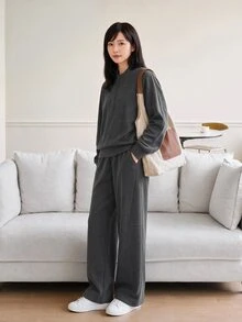 Yumoku Bộ thời trang nữ nửa khóa kéo, áo nỉ dài tay dáng ôm mùa đông mới và quần ống rộng, set 2 món - Xám - Xem 3