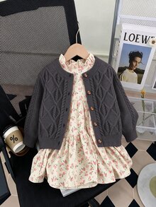 SHEIN 女童純色針織圓領花瓣袖休閒開襟外套 秋冬毛衣 - 灰色 - 查看 2