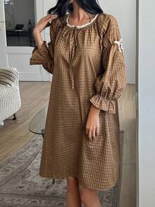 DAZY Women's Plaid Casual Daily Home Sleep Dress - Khaki - View 5