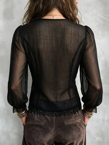 SHEIN Holidaya Women's French Lace Sheer Button-Down Shirt, Elegant Commuter Style - Black - View 2