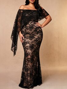 Cravure Plus Size Cold Shoulder Ruffle Floral Lace Mermaid Long Dress, Transparent Cape Sleeve Slim Fit Elegant Evening Party Gown - Black - View 4