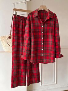SHEIN EZwear 大尺碼女款格紋長袖單排扣襯衫與長褲休閒兩件套 秋季聖誕 - 彩色 - 查看 5