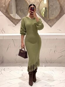 Slaydiva Hooded Off Shoulder Fringe Knit Maxi Dress Bodycon Mermaid Dress-A - Green - View 2