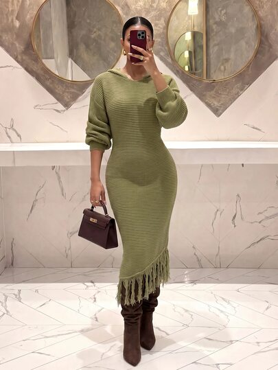Slaydiva Hooded Off Shoulder Fringe Knit Maxi Dress Bodycon Mermaid Dress-A
