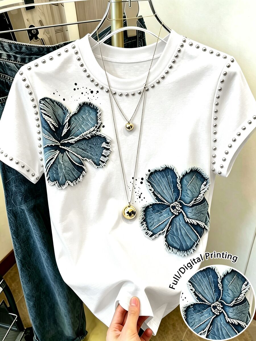 Resyla 女款 T-Shirt，復古藍色花卉印花圖案夏季外出上衣，休閒百搭，日常穿著 - 白色 - 查看 1