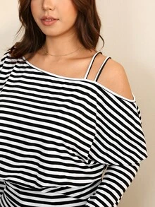 Edennvi Plus Size Black & White Striped Asymmetrical Shoulder Strap Batwing Sleeve Long Sleeve Fitted T-Shirt With Cinched Waist - Black and White - View 7