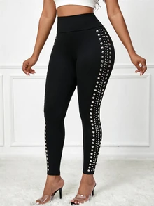 SHEIN Lady Women's Studded Decor Casual Daily Slim Fit Leggings - Black - View 3