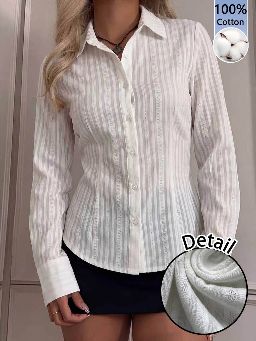 SHEIN EZwear قميص نسائي بلون موحد كاجوال متعدد الاستخدامات للارتداء اليومي - أبيض - مشاهدة 1