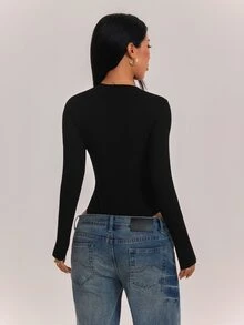 SHEIN PETITE 女款純色休閒日常長袖連身衣 - 黑色 - 查看 2