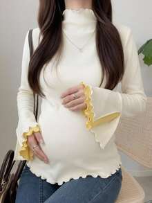 DAZY 純色修身蕾絲飾邊喇叭袖休閒度假日常春秋孕婦T恤 - 白色 - 查看 4
