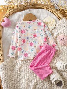 SHEIN 新生女嬰花卉印花長袖T恤與長褲套裝 - 粉色 - 查看 2