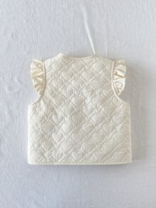 女童加厚填充絎縫背心，象牙色可愛愛心圖案，荷葉邊飾，無袖圓領，派對冬季秋冬聖誕假期外套 - 白色 - 查看 2