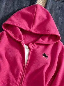 SHEIN Sparklyn 秋冬女童連帽拉鍊外套，街頭風混搭，防寒針織面料，微寬鬆版型適應成長，校園與街頭穿搭，瞬間變身活力女孩 - 玫紅色 - 查看 4