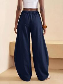 Zivah 女款純色雙腰褶皺休閒日常百搭時尚長褲 - 藏蓝色 - 查看 2