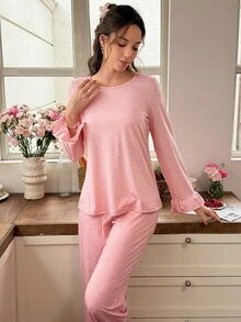Snug Reverie Women's Round Neck Ruffle Cuff Ruffle Hem Loose Straight Leg Pants Loungewear Set - Dusty Pink - View 3
