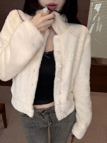 DAZY Jaket Pendek Bulu Imitasi Putih Wanita, Cocok untuk Kencan Kasual, Pesta Jalanan, Musim Gugur/Dingin - Krem - View 1