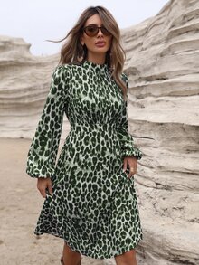 Aveloria Modichic Women's Dress A-Line Slim Fit High Neck Ruched Long Lantern Sleeve Elegant Boho Green Black Leopard Print Fall Brunch Vacation - Green - View 3