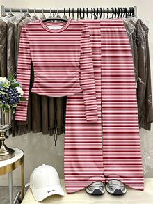 Tween Girls Stripe Long Sleeve Top & Wide Leg Pants Set, Pink & Burgundy (2 Pcs) Fall Winter - Multicolor - View 3