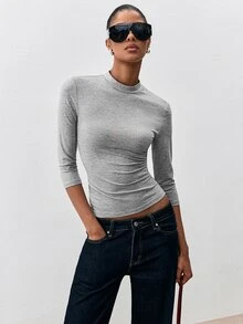 ATUI Studio 女款 3/4 袖 T-shirt，灰色天絲-羊毛-棉混紡小立領上衣 - 辦公室時尚、低調奢華、秋季、極簡主義、職場穿搭、度假旅行 - 灰色 - 查看 7