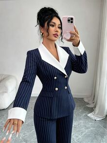 Elenzga Vertical Striped Print Double Breasted Blazer & Wide Leg Pants Suit Set - Navy Blue - View 4