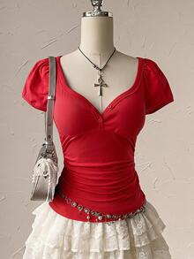 Attitoon Women's Solid Color Pleated Short Sleeve Button Waist Cinched Casual T-Shirt - Red - View 1