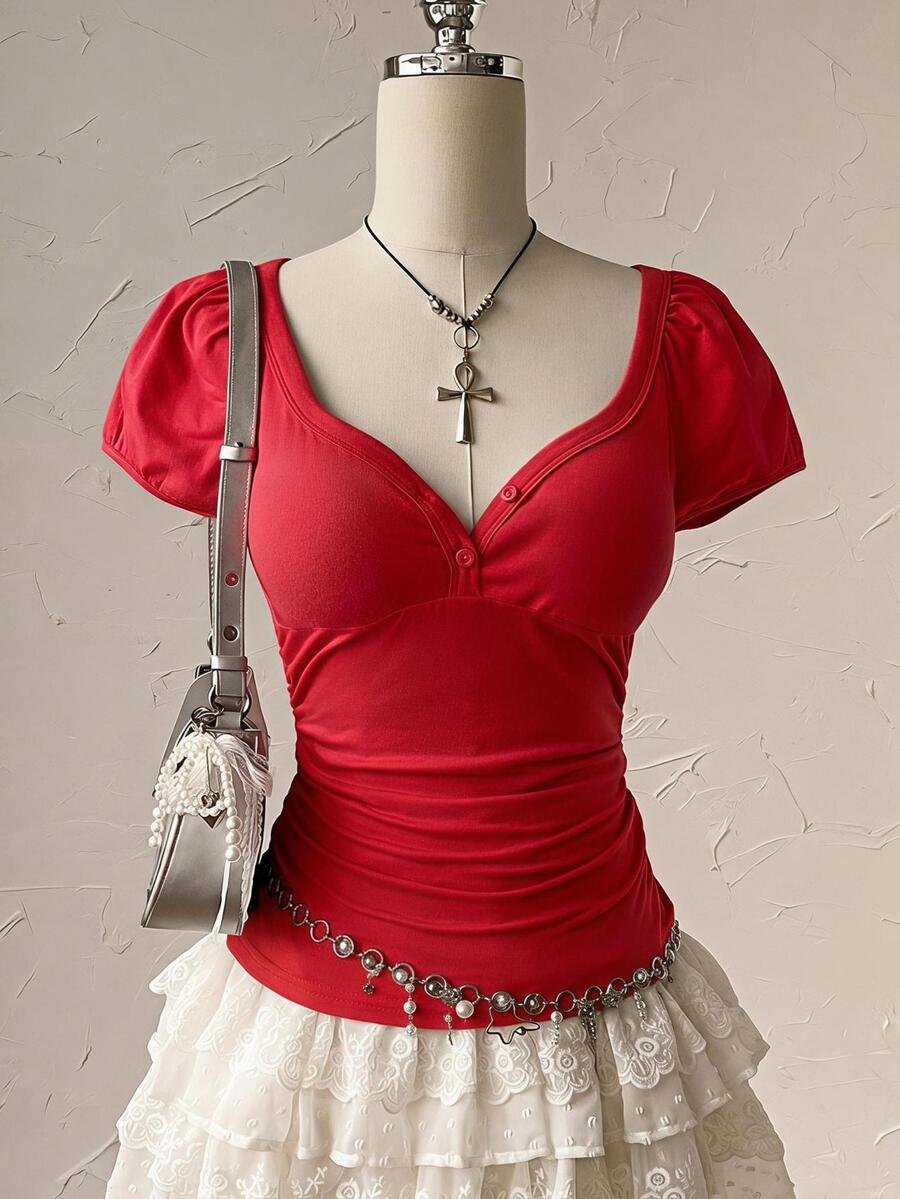 Attitoon Women's Solid Color Pleated Short Sleeve Button Waist Cinched Casual T-Shirt - Red - View 1