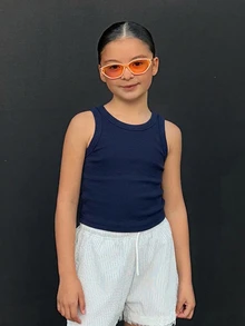 DAZY Crew Neck Pullover Fitted Basic Sleeveless Tank Top For Girls (Large) - Navy Blue - View 6