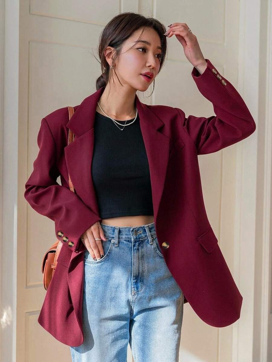 DAZY 女款純色翻領長袖商務休閒西裝外套 - 酒紅色 - 查看 1