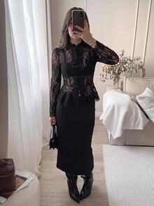 Serisse Women's Lace Frog Button Placket Ruffle Hem Blouse - Black - View 9
